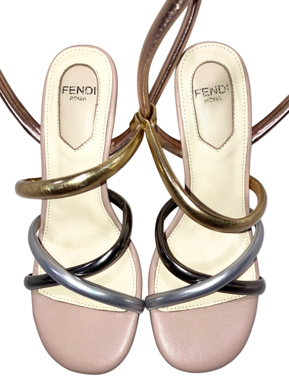 Fendi First Metallic Nappa Strappy Sandals Rose Gold Silver Couture Size 37 US 7 - Picture 7 of 16